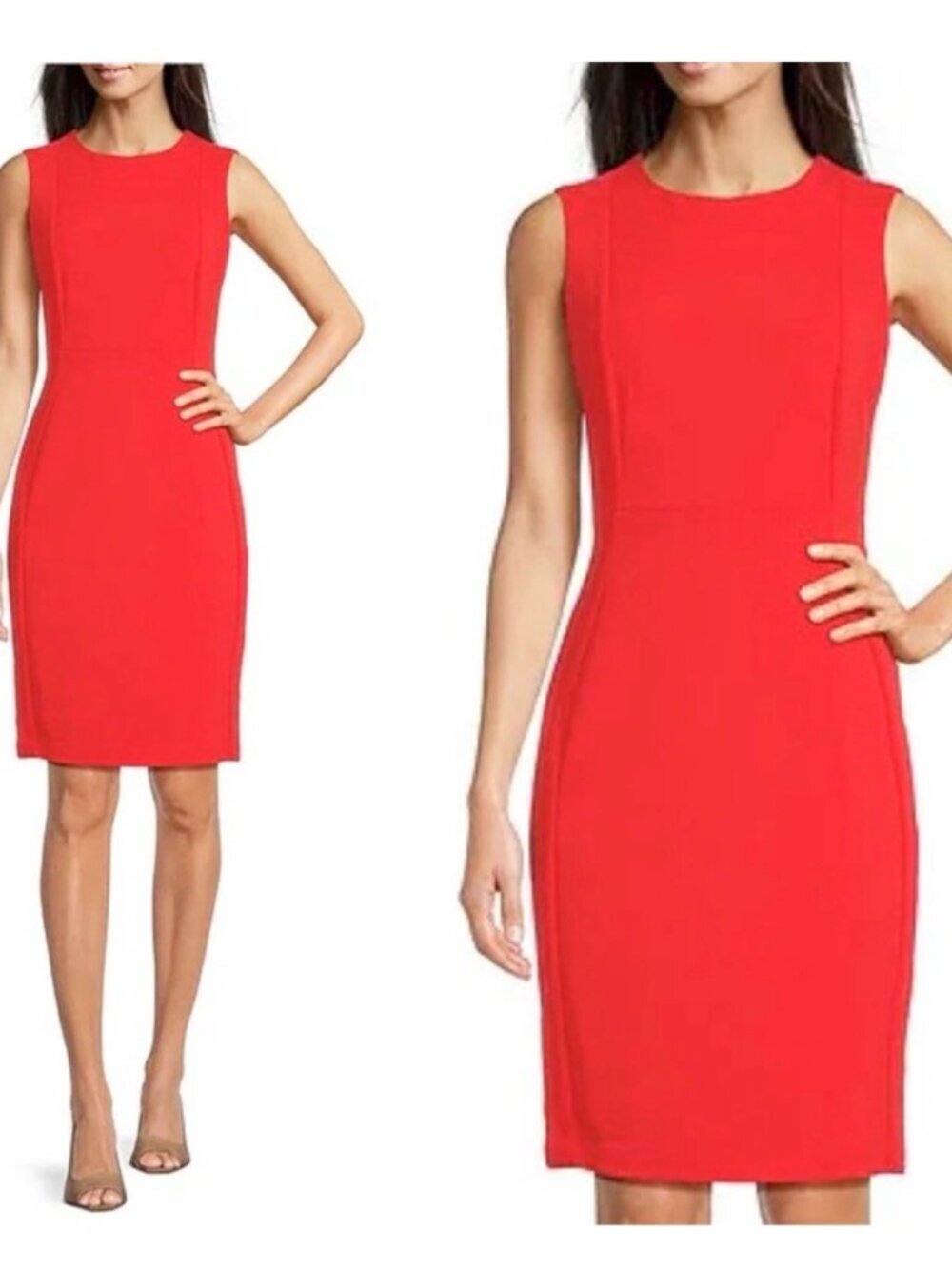 Calvin Klein Coral Red Sleeveless Seamed Scuba Sheath Dress, Size 8